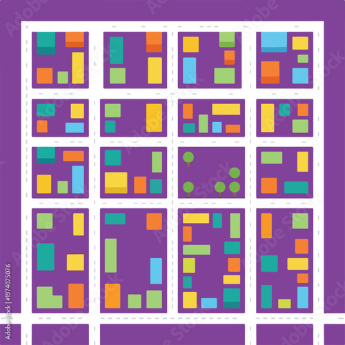 Minimalist Urban City Map Layout with Colorful Building Blocks eps