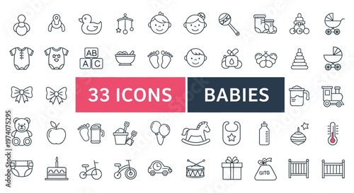 33 Baby Line Icons Set - Minimalist Outline Vector Graphics for Newborn Care, Nursery, Parenting, and Childhood Education