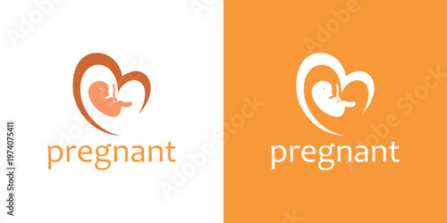 Pregnant woman logo design with heart shape and fetus illustration.