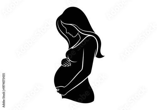 Elegant Silhouette of a Pregnant Woman Holding Her Belly; Minimalist Black and White Illustration for Maternity, Motherhood, and Healthcare Concepts