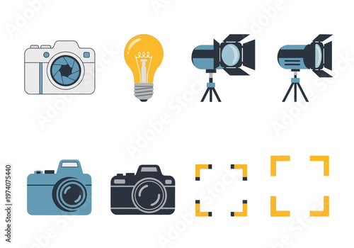 Professional Photography and Cinematography Icon Set Featuring Cameras, Studio Lighting, and Creative Symbols