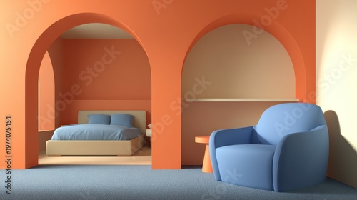 Modern interior design with arches and blue armchair in pastel colors