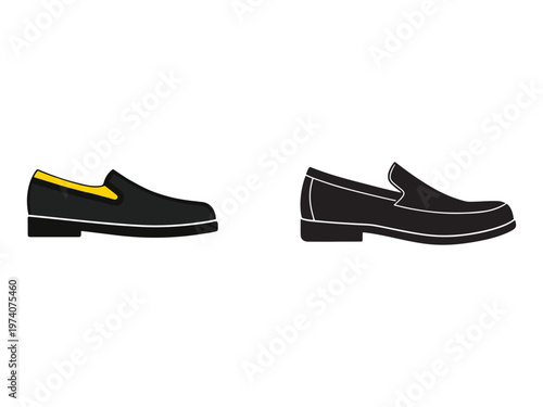 Two black shoes side by side with white soles and one with yellow interior  isolated on white background
