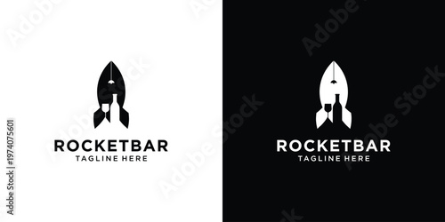 Rocket Bar Logo Design with Bottle and Glass Silhouette.