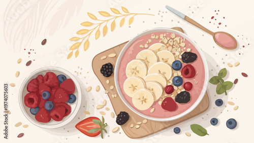 Delicious healthy breakfast smoothie bowl with oats berries banana and nuts on a wooden board