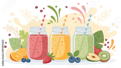 Fresh smoothie bar concept with different fruit blends and colorful straws in glass jars