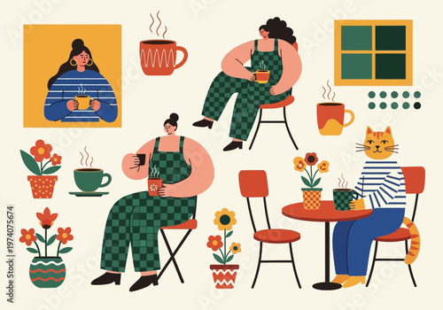 Cozy Cafe Culture Illustration with Women, a Ginger Cat, and Steaming Coffee Mugs in Flat Modern Style