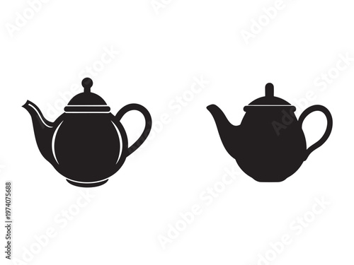 Two black teapots with lids and handles on white background  tea infusers and servers