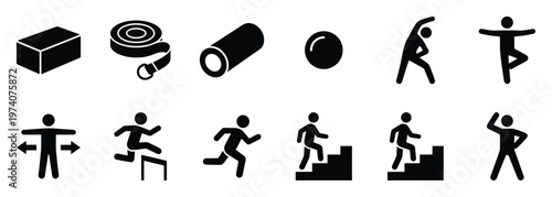 Comprehensive collection of fitness and exercise equipment icons alongside various human activity pictograms, ideal for health applications, workout planning, and wellness graphic