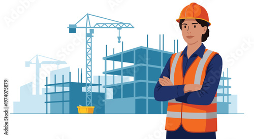 Confident woman engineer standing at construction site. Character wearing orange safety vest and hardhat. Background with building frame and crane. Professional female worker in industrial area.