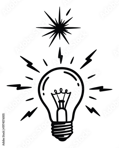 Hand drawn lightbulb with radiating sparks and a starburst above symbolizing new ideas innovation and breakthrough concepts for business or educational materials