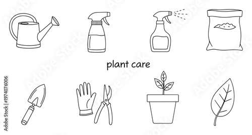 Comprehensive set of essential plant care tools and gardening equipment line art for horticulture guides, home garden projects, and educational content creation.