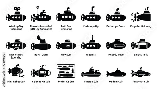 Collection of submarine icons depicting toy, military, and futuristic underwater vehicles, perfect for graphic design projects, educational materials, and technologythemed applications