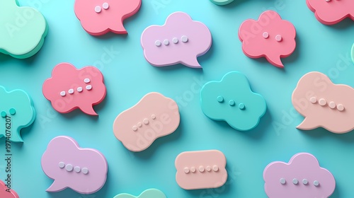 Colorful 3D Speech Bubbles Pattern on Blue Background for Communication Concept Social Media Marketing and Messaging App Design