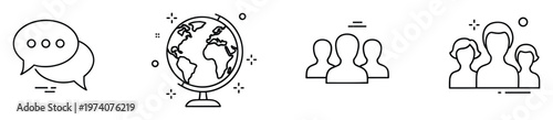 Modern minimalist line icons representing concepts of global communication teamwork and diverse community for business or educational application interface designs