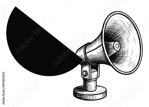 Engraving style megaphone or bullhorn with a bold black graphic element for broadcasting news announcements and special marketing messages