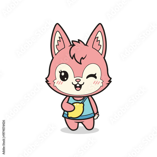 Pink Fox Character Holding Lemon Vector Graphic