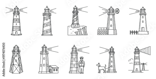 A collection of handdrawn lighthouse symbols providing essential maritime navigation guidance for safe passage, perfect for coastalthemed graphic projects and travel publications.
