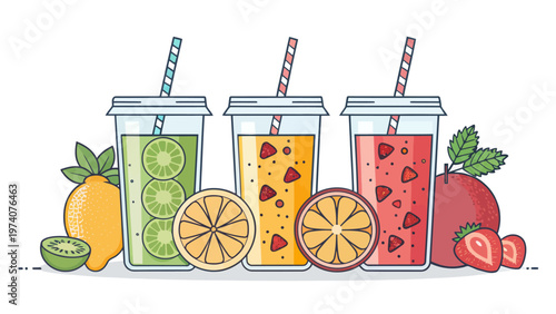 Colorful illustration of three healthy drinks with straws and fresh fruits on a white background for a lively lifestyle concept
