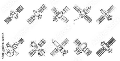 A collection of varied linedrawn orbital satellites showcasing different designs for advanced space communication, Earth observation, and scientific exploration, perfect for technology