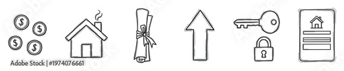 Hand drawn real estate icon set symbolizing property ownership, financial investment, legal documentation, market growth trends, secure home transactions, and digital property management.