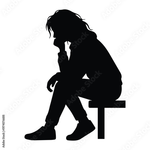 Lonely Woman Sitting Silhouette Vector Isolated Thinking Concept Icon Vector black design on a white background