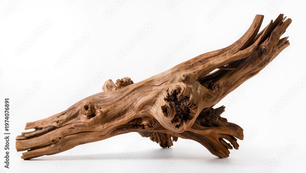 Fototapeta premium Weathered Driftwood Branch Isolated on White Background