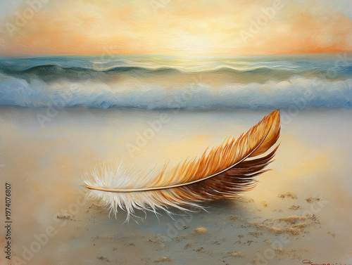 A single light feather resting on soft, sandy shore