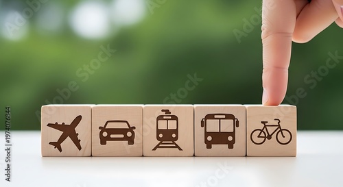 Transportation icons on wooden blocks, travel options concept with plane car train bus and bicycle, sustainable logistics and mobility choices