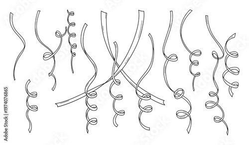Set of black outline hand drawn festive curly ribbons and flowing decorative streamers for celebration event decorations and holiday party embellishments