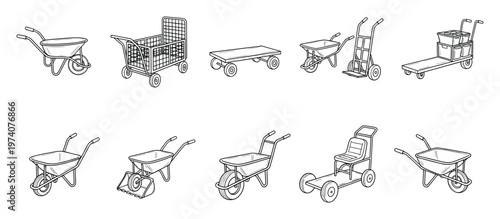 Collection of various manual transport equipment including garden wheelbarrows, utility carts, hand trucks, and dollies, ideal for depicting logistics, construction, or gardening tasks