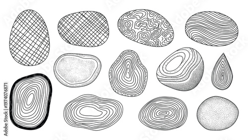 Collection of hand drawn textured shapes like pebbles or stones with diverse abstract patterns for graphic resources and contemporary visual projects