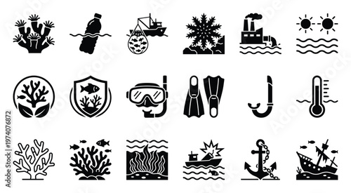 Visual set of ocean health icons showcasing delicate coral reefs, plastic pollution, overfishing, industrial waste, global warming, and conservation strategies for various projects.