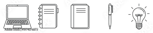 Linear outline icons depicting essential tools for education, business, and creative thinking like a laptop, notebooks, pen, and light bulb for various professional and academic