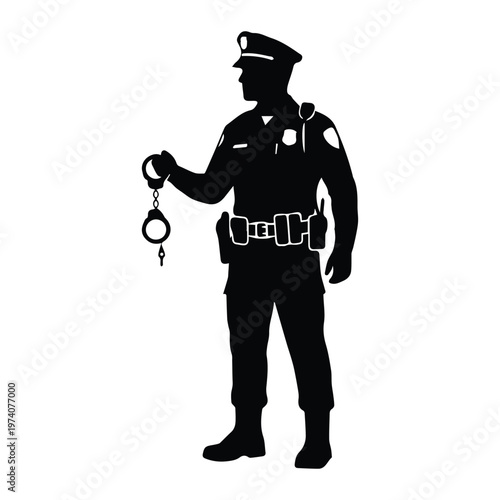 Police Officer With Handcuffs Icon Silhouette Vector black design on a white background