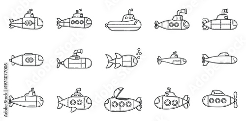 Collection of hand drawn outline submarines in various shapes for childrens books, educational resources, underwater adventure themes, and transportation graphics
