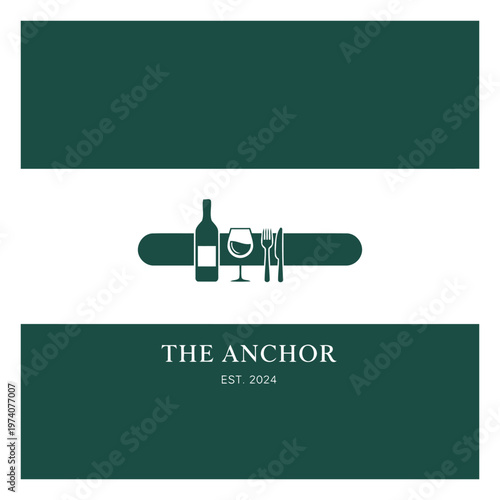 The Anchor Restaurant Logo With Wine Glass, Bottle and Cutlery Emblem Est. 2024.