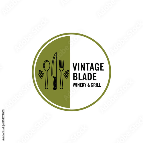 Vintage Blade Winery & Grill Logo Design With Knife Fork Spoon And Grapes Emblem.