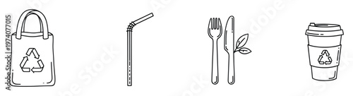 Eco friendly product icons showcasing sustainable living featuring reusable shopping bag drinking straw plantbased cutlery and recyclable coffee cup ideal for green initiatives and