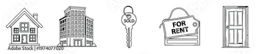 Hand drawn black outline icons for real estate business including house, apartment building, sold key, for rent sign, and door for property market applications