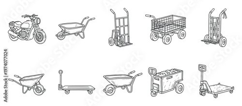 A varied assortment of line drawn material handling and transport equipment, featuring hand trucks, wheelbarrows, platform carts, and a motorcycle, perfect for logistical documentation and