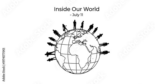 People standing around the globe representing global connection and unity.