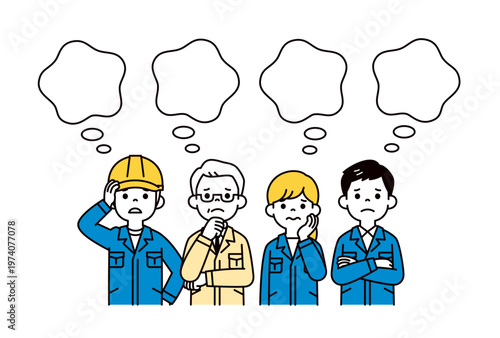 不安や不満を思い浮かべる、工場で働く作業服の社長・作業員の上半身ベクターイラスト素材セット