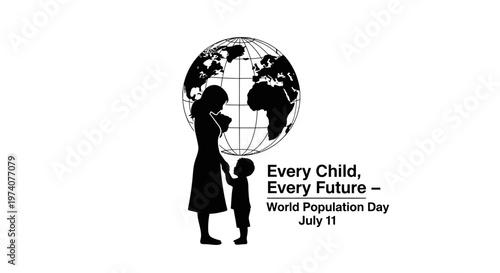 Silhouette of a mother and child standing before a globe for World Population Day.
