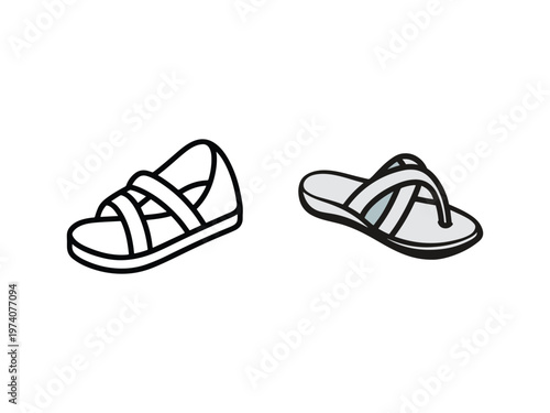 Two pairs of sandals isolated on white background for summer footwear illustration  simple line drawing of flip flops