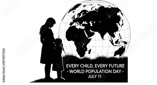 Silhouette illustration of a mother and child standing before a globe for World Population Day.
