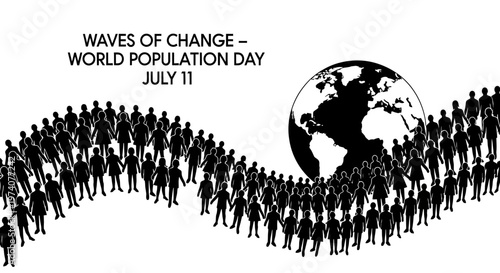 World Population Day concept with human silhouettes forming a wave around the globe.