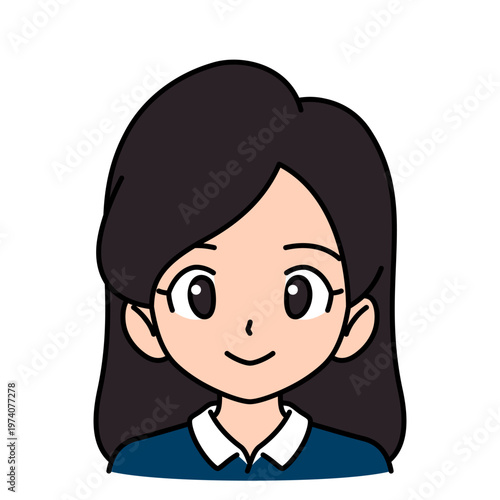 Cute cartoon female character portrait. Friendly smiling woman avatar in flat vector style. Simple line art illustration for user profile, icon, or mascot. Isolated on white background.