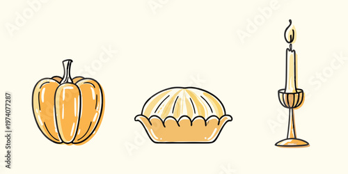 Autumnal still life featuring a pumpkin pie and lit candle