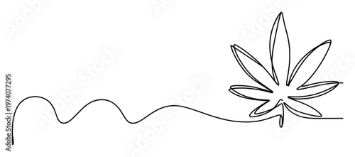 Abstract minimalist single line drawing of a marijuana or hemp plant leaf connected by a fluid wavy stroke, ideal for clean modern designs, branding, and educational materials related to